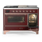 ILVE Majestic III 48-Inch Dual Fuel Range with 5 Sealed Burners + Griddle + French Top, 5.02 cu. ft. Oven, Burgundy with Copper Trim, Liquid Propane, Triple Glass Door, UM48FSNR3BUPLP