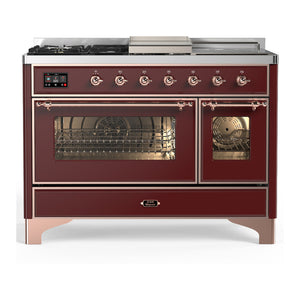 ILVE Majestic III 48-Inch Dual Fuel Range with 5 Sealed Burners + Griddle + French Top, 5.02 cu. ft. Oven, Burgundy with Copper Trim, Liquid Propane, Triple Glass Door, UM48FSNR3BUPLP