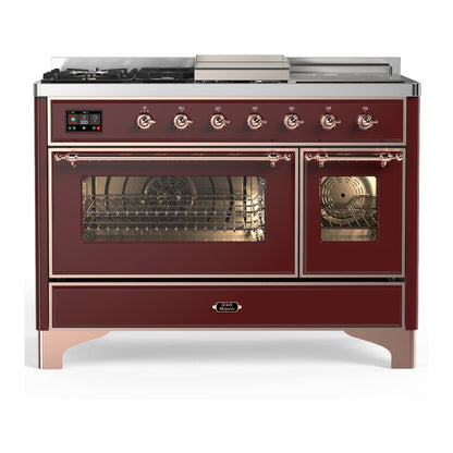 ILVE Majestic III 48-Inch Dual Fuel Range with 5 Sealed Burners + Griddle + French Top, 5.02 cu. ft. Oven, Burgundy with Copper Trim, Liquid Propane, Triple Glass Door, UM48FSNR3BUPLP