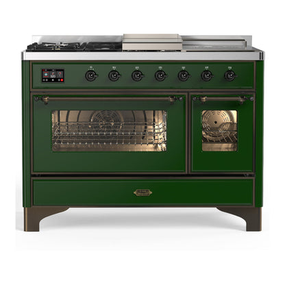 ILVE Majestic III 48-Inch Dual Fuel Range with 5 Sealed Burners + Griddle + French Top, 5.02 cu. ft. Oven, Emerald Green with Burnished Trim, Liquid Propane, Triple Glass Door, UM48FSNR3EGBLP