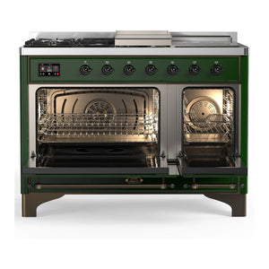 ILVE Majestic III 48-Inch Dual Fuel Range with 5 Sealed Burners + Griddle + French Top, 5.02 cu. ft. Oven, Emerald Green with Burnished Trim, Natural Gas, Triple Glass Door, UM48FSNR3EGB