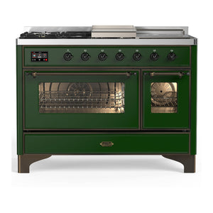 ILVE Majestic III 48-Inch Dual Fuel Range with 5 Sealed Burners + Griddle + French Top, 5.02 cu. ft. Oven, Emerald Green with Burnished Trim, Natural Gas, Triple Glass Door, UM48FSNR3EGB