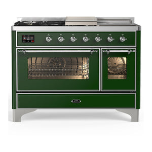 ILVE Majestic III 48-Inch Dual Fuel Range with 5 Sealed Burners + Griddle + French Top, 5.02 cu. ft. Oven, Emerald Green with Chrome Trim, Liquid Propane, Triple Glass Door, UM48FSNR3EGCLP