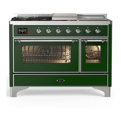 ILVE Majestic III 48-Inch Dual Fuel Range with 5 Sealed Burners + Griddle + French Top, 5.02 cu. ft. Oven, Emerald Green with Chrome Trim, Liquid Propane, Triple Glass Door, UM48FSNR3EGCLP