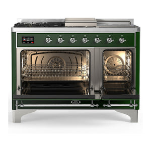 ILVE Majestic III 48-Inch Dual Fuel Range with 5 Sealed Burners + Griddle + French Top, 5.02 cu. ft. Oven, Emerald Green with Chrome Trim, Liquid Propane, Triple Glass Door, UM48FSNR3EGCLP
