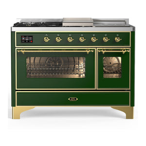 ILVE Majestic III 48-Inch Dual Fuel Range with 5 Sealed Burners + Griddle + French Top, 5.02 cu. ft. Oven, Emerald Green with Brass Trim, Liquid Propane, Triple Glass Door, UM48FSNR3EGGLP
