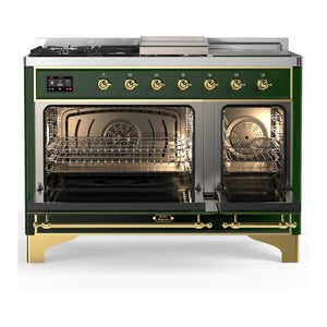 ILVE Majestic III 48-Inch Dual Fuel Range with 5 Sealed Burners + Griddle + French Top, 5.02 cu. ft. Oven, Emerald Green with Brass Trim, Natural Gas, Triple Glass Door, UM48FSNR3EGG