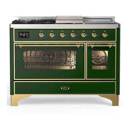 ILVE Majestic III 48-Inch Dual Fuel Range with 5 Sealed Burners + Griddle + French Top, 5.02 cu. ft. Oven, Emerald Green with Brass Trim, Natural Gas, Triple Glass Door, UM48FSNR3EGG