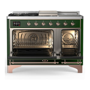 ILVE Majestic III 48-Inch Dual Fuel Range with 5 Sealed Burners + Griddle + French Top, 5.02 cu. ft. Oven, Emerald Green with Copper Trim, Liquid Propane, Triple Glass Door, UM48FSNR3EGPLP