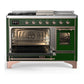 ILVE Majestic III 48-Inch Dual Fuel Range with 5 Sealed Burners + Griddle + French Top, 5.02 cu. ft. Oven, Emerald Green with Copper Trim, Liquid Propane, Triple Glass Door, UM48FSNR3EGPLP
