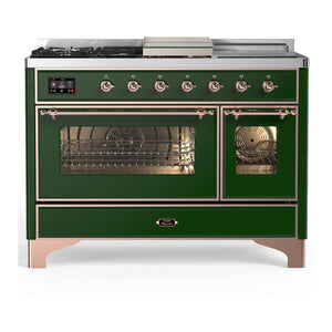 ILVE Majestic III 48-Inch Dual Fuel Range with 5 Sealed Burners + Griddle + French Top, 5.02 cu. ft. Oven, Emerald Green with Copper Trim, Liquid Propane, Triple Glass Door, UM48FSNR3EGPLP
