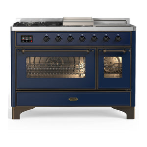 ILVE Majestic III 48-Inch Dual Fuel Range with 5 Sealed Burners + Griddle + French Top, 5.02 cu. ft. Oven, Mightnight Blue with Burnished Trim, Liquid Propane, Triple Glass Door, UM48FSNR3MBBLP