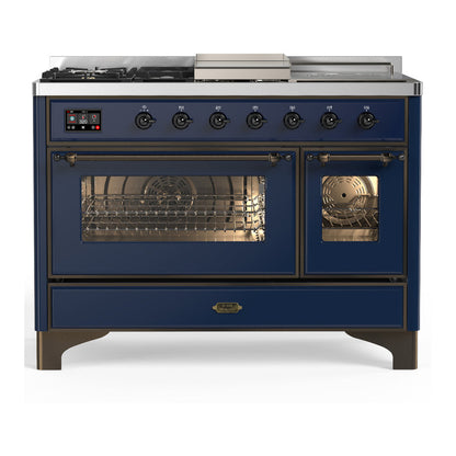 ILVE Majestic III 48-Inch Dual Fuel Range with 5 Sealed Burners + Griddle + French Top, 5.02 cu. ft. Oven, Mightnight Blue with Burnished Trim, Liquid Propane, Triple Glass Door, UM48FSNR3MBBLP