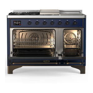 ILVE Majestic III 48-Inch Dual Fuel Range with 5 Sealed Burners + Griddle + French Top, 5.02 cu. ft. Oven, Mightnight Blue with Burnished Trim, Liquid Propane, Triple Glass Door, UM48FSNR3MBBLP