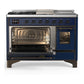 ILVE Majestic III 48-Inch Dual Fuel Range with 5 Sealed Burners + Griddle + French Top, 5.02 cu. ft. Oven, Mightnight Blue with Burnished Trim, Liquid Propane, Triple Glass Door, UM48FSNR3MBBLP