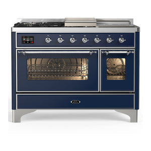 ILVE Majestic III 48-Inch Dual Fuel Range with 5 Sealed Burners + Griddle + French Top, 5.02 cu. ft. Oven, Mightnight Blue with Chrome Trim, Liquid Propane, Triple Glass Door, UM48FSNR3MBCLP