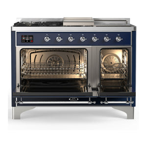 ILVE Majestic III 48-Inch Dual Fuel Range with 5 Sealed Burners + Griddle + French Top, 5.02 cu. ft. Oven, Mightnight Blue with Chrome Trim, Natural Gas, Triple Glass Door, UM48FSNR3MBC