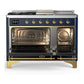 ILVE Majestic III 48-Inch Dual Fuel Range with 5 Sealed Burners + Griddle + French Top, 5.02 cu. ft. Oven, Mightnight Blue with Brass Trim, Liquid Propane, Triple Glass Door, UM48FSNR3MBGLP