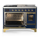 ILVE Majestic III 48-Inch Dual Fuel Range with 5 Sealed Burners + Griddle + French Top, 5.02 cu. ft. Oven, Mightnight Blue with Brass Trim, Liquid Propane, Triple Glass Door, UM48FSNR3MBGLP