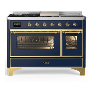 ILVE Majestic III 48-Inch Dual Fuel Range with 5 Sealed Burners + Griddle + French Top, 5.02 cu. ft. Oven, Mightnight Blue with Brass Trim, Liquid Propane, Triple Glass Door, UM48FSNR3MBGLP