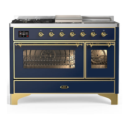 ILVE Majestic III 48-Inch Dual Fuel Range with 5 Sealed Burners + Griddle + French Top, 5.02 cu. ft. Oven, Mightnight Blue with Brass Trim, Liquid Propane, Triple Glass Door, UM48FSNR3MBGLP