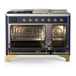 ILVE Majestic III 48-Inch Dual Fuel Range with 5 Sealed Burners + Griddle + French Top, 5.02 cu. ft. Oven, Mightnight Blue with Brass Trim, Natural Gas, Triple Glass Door, UM48FSNR3MBG