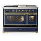 ILVE Majestic III 48-Inch Dual Fuel Range with 5 Sealed Burners + Griddle + French Top, 5.02 cu. ft. Oven, Mightnight Blue with Brass Trim, Natural Gas, Triple Glass Door, UM48FSNR3MBG