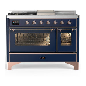 ILVE Majestic III 48-Inch Dual Fuel Range with 5 Sealed Burners + Griddle + French Top, 5.02 cu. ft. Oven, Mightnight Blue with Copper Trim, Liquid Propane, Triple Glass Door, UM48FSNR3MBPLP