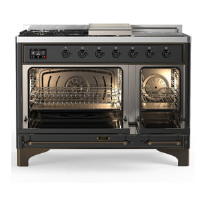 ILVE Majestic III 48-Inch Dual Fuel Range with 5 Sealed Burners + Griddle + French Top, 5.02 cu. ft. Oven, Matte Graphite with Burnished Trim, Liquid Propane, Triple Glass Door, UM48FSNR3MGBLP