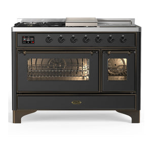 ILVE Majestic III 48-Inch Dual Fuel Range with 5 Sealed Burners + Griddle + French Top, 5.02 cu. ft. Oven, Matte Graphite with Burnished Trim, Natural Gas, Triple Glass Door, UM48FSNR3MGB