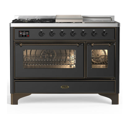 ILVE Majestic III 48-Inch Dual Fuel Range with 5 Sealed Burners + Griddle + French Top, 5.02 cu. ft. Oven, Matte Graphite with Burnished Trim, Natural Gas, Triple Glass Door, UM48FSNR3MGB