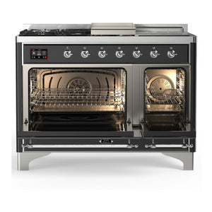 ILVE Majestic III 48-Inch Dual Fuel Range with 5 Sealed Burners + Griddle + French Top, 5.02 cu. ft. Oven, Matte Graphite with Chrome Trim, Liquid Propane, Triple Glass Door, UM48FSNR3MGCLP