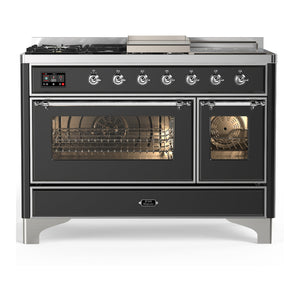 ILVE Majestic III 48-Inch Dual Fuel Range with 5 Sealed Burners + Griddle + French Top, 5.02 cu. ft. Oven, Matte Graphite with Chrome Trim, Liquid Propane, Triple Glass Door, UM48FSNR3MGCLP