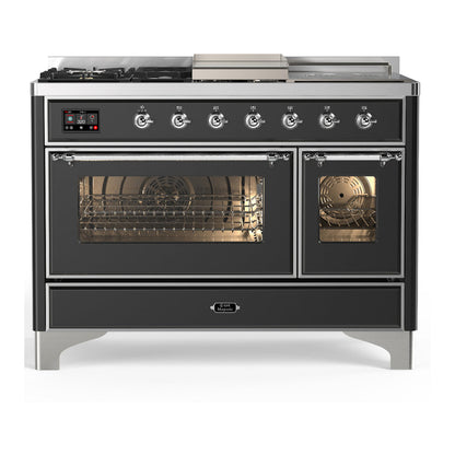 ILVE Majestic III 48-Inch Dual Fuel Range with 5 Sealed Burners + Griddle + French Top, 5.02 cu. ft. Oven, Matte Graphite with Chrome Trim, Natural Gas, Triple Glass Door, UM48FSNR3MGC