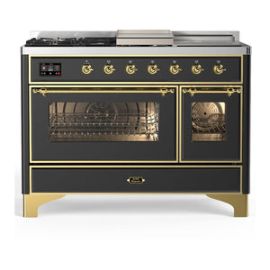 ILVE Majestic III 48-Inch Dual Fuel Range with 5 Sealed Burners + Griddle + French Top, 5.02 cu. ft. Oven, Matte Graphite with Brass Trim, Natural Gas, Triple Glass Door, UM48FSNR3MGG