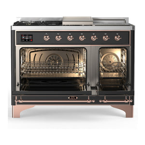 ILVE Majestic III 48-Inch Dual Fuel Range with 5 Sealed Burners + Griddle + French Top, 5.02 cu. ft. Oven, Matte Graphite with Copper Trim, Liquid Propane, Triple Glass Door, UM48FSNR3MGPLP