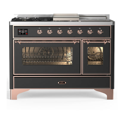 ILVE Majestic III 48-Inch Dual Fuel Range with 5 Sealed Burners + Griddle + French Top, 5.02 cu. ft. Oven, Matte Graphite with Copper Trim, Natural Gas, Triple Glass Door, UM48FSNR3MGP