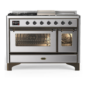 ILVE Majestic III 48-Inch Dual Fuel Range with 5 Sealed Burners + Griddle + French Top, 5.02 cu. ft. Oven, Stainless Steel with Burnished Trim, Liquid Propane, Triple Glass Door, UM48FSNR3SSBLP