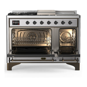 ILVE Majestic III 48-Inch Dual Fuel Range with 5 Sealed Burners + Griddle + French Top, 5.02 cu. ft. Oven, Stainless Steel with Burnished Trim, Natural Gas, Triple Glass Door, UM48FSNR3SSB