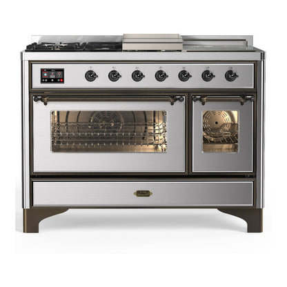 ILVE Majestic III 48-Inch Dual Fuel Range with 5 Sealed Burners + Griddle + French Top, 5.02 cu. ft. Oven, Stainless Steel with Burnished Trim, Natural Gas, Triple Glass Door, UM48FSNR3SSB