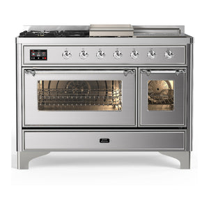 ILVE Majestic III 48-Inch Dual Fuel Range with 5 Sealed Burners + Griddle + French Top, 5.02 cu. ft. Oven, Stainless Steel with Chrome Trim, Liquid Propane, Triple Glass Door, UM48FSNR3SSCLP