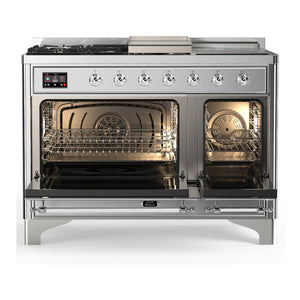 ILVE Majestic III 48-Inch Dual Fuel Range with 5 Sealed Burners + Griddle + French Top, 5.02 cu. ft. Oven, Stainless Steel with Chrome Trim, Natural Gas, Triple Glass Door, UM48FSNR3SSC