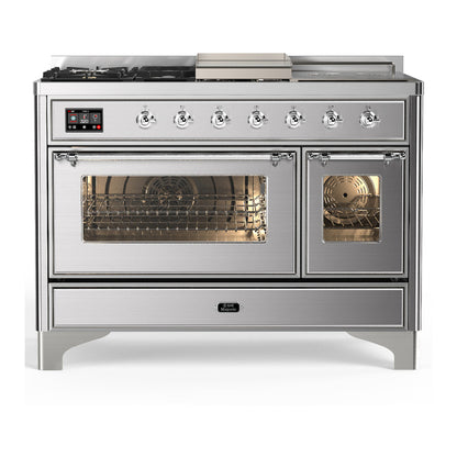 ILVE Majestic III 48-Inch Dual Fuel Range with 5 Sealed Burners + Griddle + French Top, 5.02 cu. ft. Oven, Stainless Steel with Chrome Trim, Natural Gas, Triple Glass Door, UM48FSNR3SSC