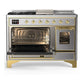 ILVE Majestic III 48-Inch Dual Fuel Range with 5 Sealed Burners + Griddle + French Top, 5.02 cu. ft. Oven, Stainless Steel with Brass Trim, Liquid Propane, Triple Glass Door, UM48FSNR3SSGLP