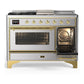 ILVE Majestic III 48-Inch Dual Fuel Range with 5 Sealed Burners + Griddle + French Top, 5.02 cu. ft. Oven, Stainless Steel with Brass Trim, Liquid Propane, Triple Glass Door, UM48FSNR3SSGLP