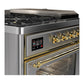 ILVE Majestic III 48-Inch Dual Fuel Range with 5 Sealed Burners + Griddle + French Top, 5.02 cu. ft. Oven, Stainless Steel with Brass Trim, Liquid Propane, Triple Glass Door, UM48FSNR3SSGLP