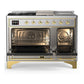 ILVE Majestic III 48-Inch Dual Fuel Range with 5 Sealed Burners + Griddle + French Top, 5.02 cu. ft. Oven, Stainless Steel with Brass Trim, Natural Gas, Triple Glass Door, UM48FSNR3SSG