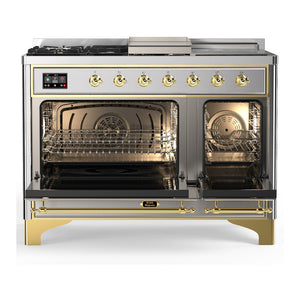 ILVE Majestic III 48-Inch Dual Fuel Range with 5 Sealed Burners + Griddle + French Top, 5.02 cu. ft. Oven, Stainless Steel with Brass Trim, Natural Gas, Triple Glass Door, UM48FSNR3SSG