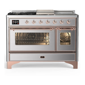 ILVE Majestic III 48-Inch Dual Fuel Range with 5 Sealed Burners + Griddle + French Top, 5.02 cu. ft. Oven, Stainless Steel with Copper Trim, Liquid Propane, Triple Glass Door, UM48FSNR3SSPLP