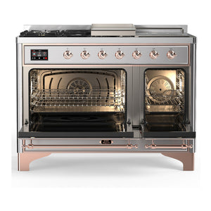 ILVE Majestic III 48-Inch Dual Fuel Range with 5 Sealed Burners + Griddle + French Top, 5.02 cu. ft. Oven, Stainless Steel with Copper Trim, Natural Gas, Triple Glass Door, UM48FSNR3SSP